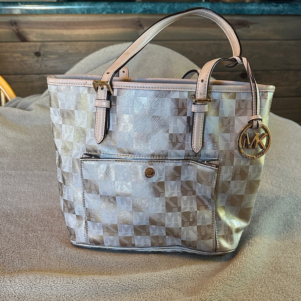 Michael Kors Gold and Tan Checkered Tote